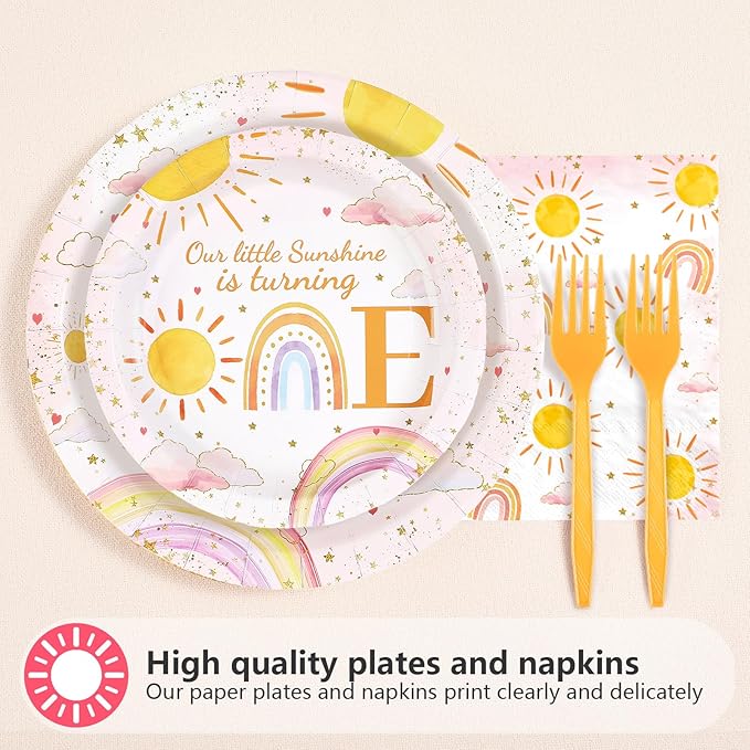 96Pcs First Trip Around The Sun Birthday Decorations for Girls Boho Sun 1st Birthday Plates and Napkins Sets Bohemian Sunshine Party Decorations for Baby Shower One Year Old Party Supplies Serves 24