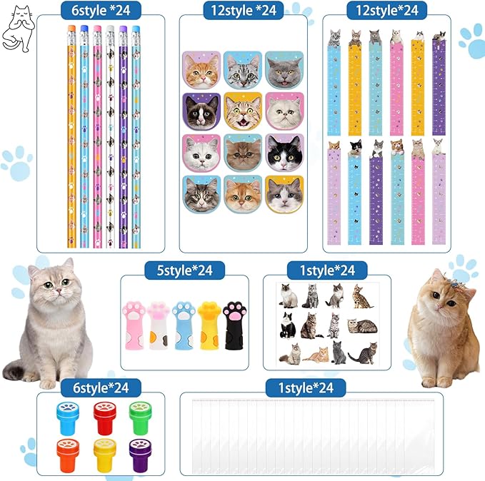 PerKoop 168 Pcs Cat Party Favors Set - Mini Notebook, Sticker, Stamp Stationery - Cat Themed Party Favor for Kitten Animal Birthday Decorations & Supplies