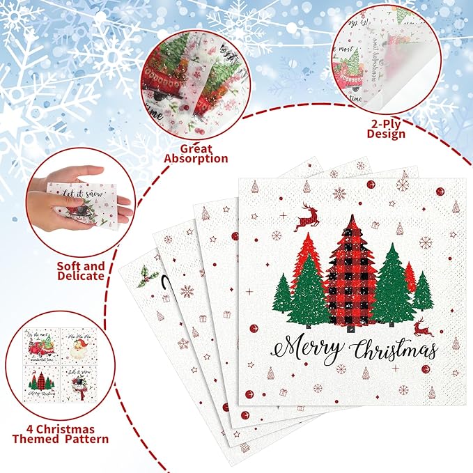 200 Pcs Christmas Cocktail Napkins, 5x5" Xmas Tree Santa Snowman Paper Napkins for Holiday, Winter & New Year Party