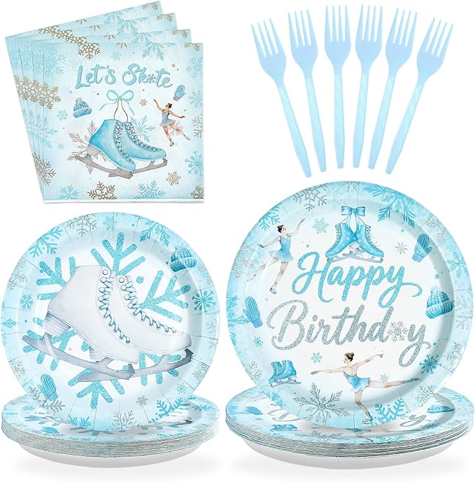 96Pcs Ice Skating Birthday Party Decorations Blue Ice Skating Snowflake Plates and Napkins Sets Winter Wonderland Ice Skating Party Decorations for Girls Baby Shower Skate Theme Supplies Serves 24 ﻿