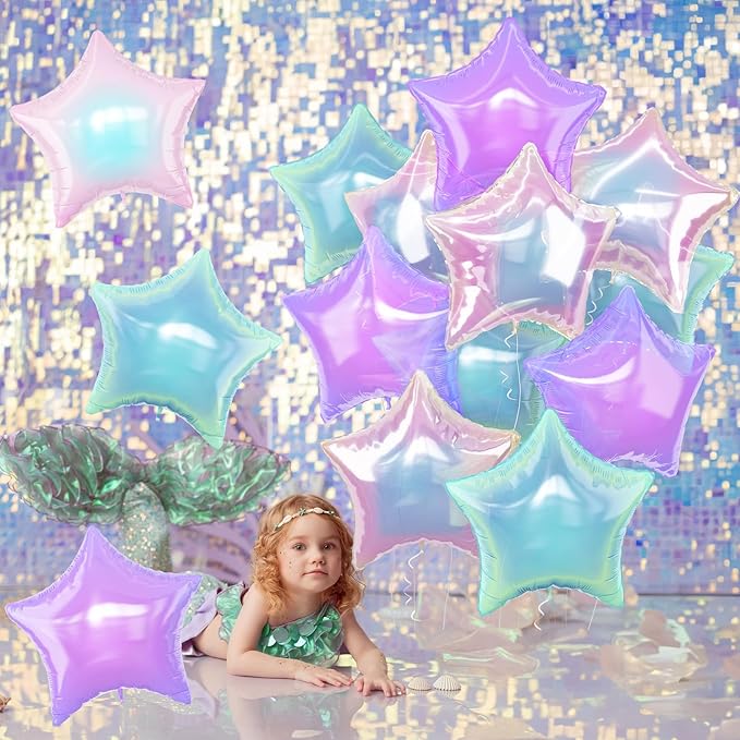 Iridescent Star Balloons, 9Pcs 18Inch Transparent Crystal Star Foil Balloon, Gradient Iridescent Pink Purple Green Pentagram Balloon for Princess Birthday Wedding Easter Party Decoration Mermaid Theme