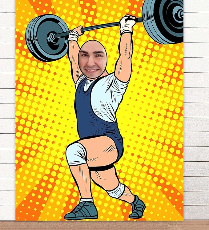 Weight Lifting Banner Pretend Play Party Backdrop Large Weightlifter Face Sports Workout Gym Fitness Theme Decor Decorations for Boys Men Home Gym Party Cross Fit Party Birthday Party Supplies Gift