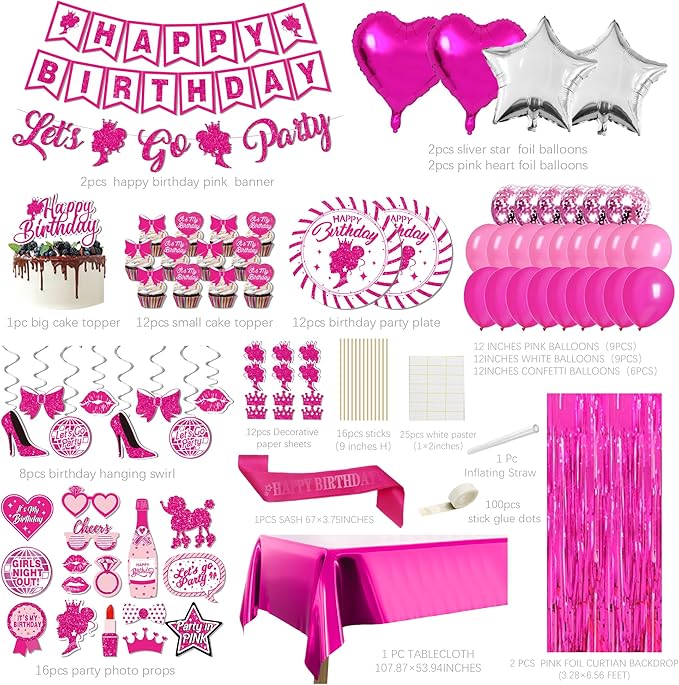 Hot Pink Birthday Party Decorations for Women Girls,Happy Birthday Banner,Hanging Swirl,Foil balloons,Party Supplies Decor for 10th 13th 16th 18th 21st