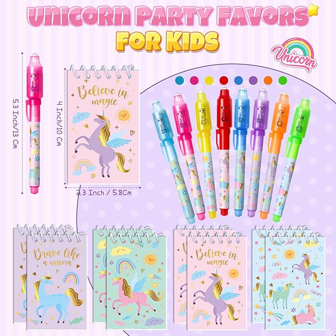 Invisible Ink Pen and Notebook Pack, 24 Pcs Unicorn Party Favors, Spy Pens with UV Light Magic Marker for Secret Message, Birthday Party Favors for Kids Boys Girls Classroom Prize Stationery Set