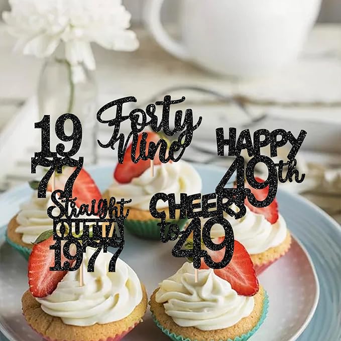 30PCS Black 49th Birthday Cupcake Toppers Glitter Forty Nine Happy 49th Straight Outta 1977 Cupcake Picks for Cheers to 49 Years Birthday Wedding Anniversary Party Cake Decorations Supplies