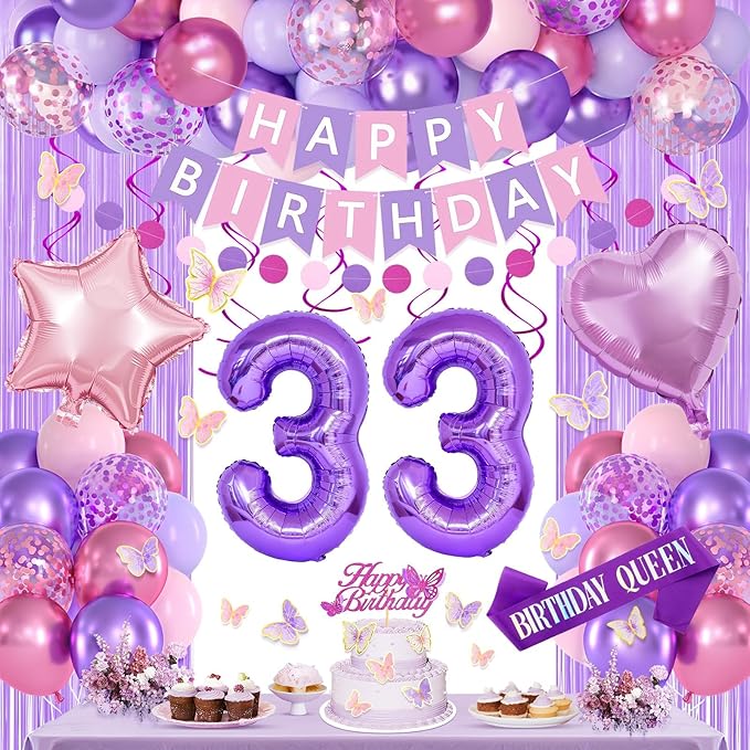 33rd Purple Birthday Decorations for Women, Pink and Purple Happy 33 Birthday Party Decorations with Happy Birthday Banner, Number Foil Balloons, Butterfly Cake Topper for 33rd Party Supplies