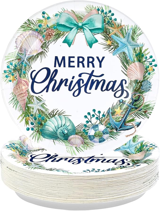 50 Pcs Wreath Christmas Paper Plates 10" Large Disposable Seashell Beach Platters Blue Coastal Style Decorations for Ocean Merry Christmas Festive Xmas Theme Holiday Birthday Party Supplies