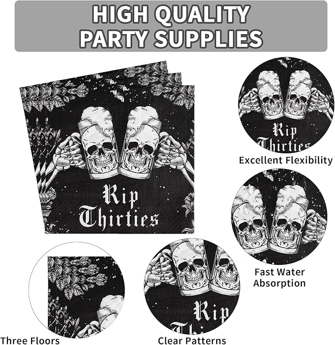 Grencian 96 Pcs Death To My 30s Birthday Decorations 40th Birthday Plates and Napkins Tableware Set Disposable Black Rip To My 30s birthday Party Supplies for Funeral for My Youth Serves 24