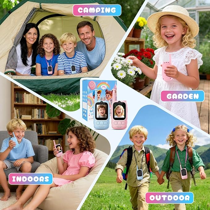 Kids Audio/Video Walkie Talkies, 2 Pack Rechargeable Walkie Talkies for Kids with 2’’ Screen & Camera & Voice Changer, Long Range Boys Girls Toys for Indoor Outdoor Camping Hiking Games (Pink/Blue)