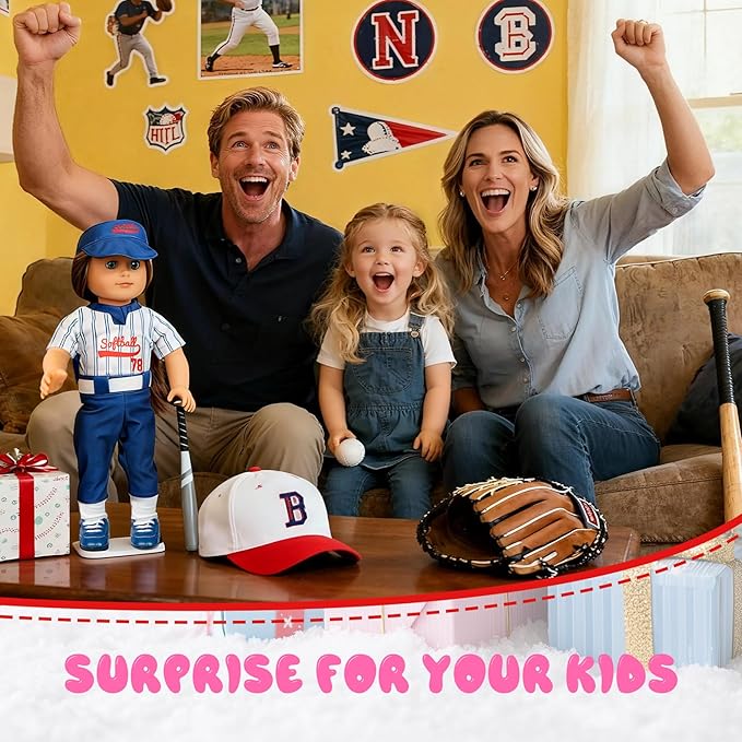 ARTST Softball Uniform Doll Outfit-American 18 inch Doll Clothes and Accessories Set-Hat Baseball Clothing Bat Shoes Socks,Valentine's Gifts for Boys Spring T-Ball