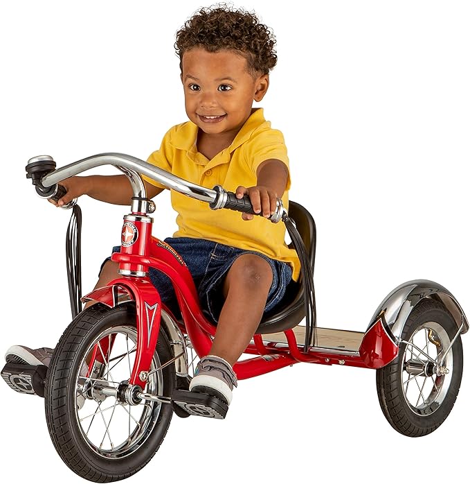 Schwinn Roadster Tricycle, 12 Inch Front Wheel Bike for Kids Ages 2-4, Low Center of Gravity, Retro Steel Frame, Adjustable Seat Grows with your Child, Rear Deck, Tricycle for Toddlers