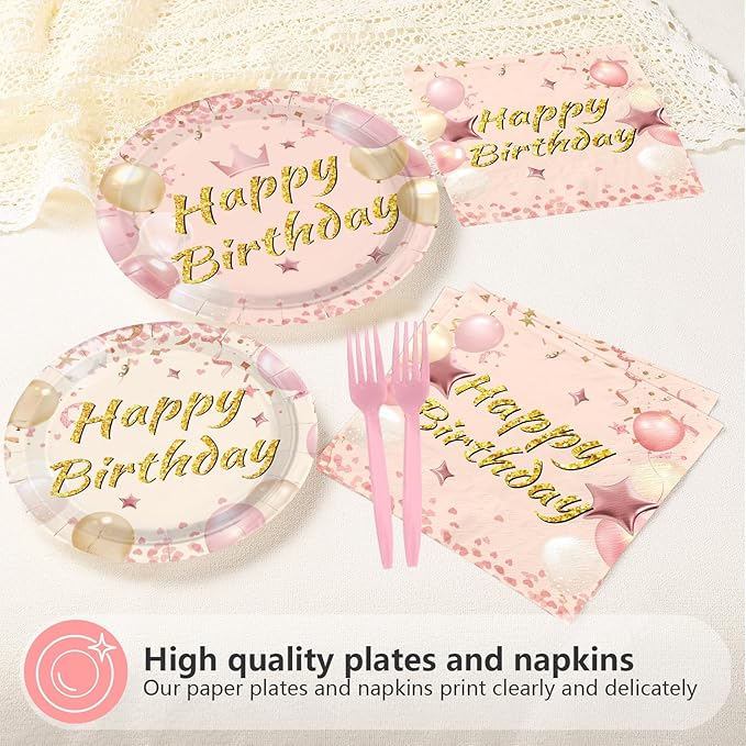 96Pcs Blush Beige Birthday Party Decorations Boho Dusty Pink Plates and Napkins Pink Rose Gold Glitter Happy Birthday Tableware Set for Women Girls Bridal Shower Wedding Party Supplies, Serves 24