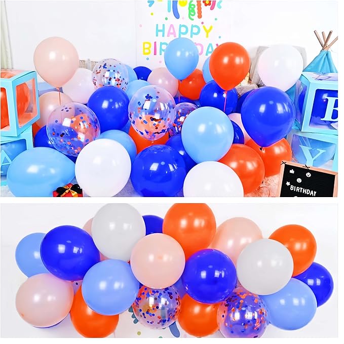 Blue and Orange Balloons, 12 Inch Light Royal Blue Pastel Orange Confetti Balloon, White Helium Balloons for Kids Boys Theme Party Baby Shower Happy Birthday Party Decoration Supplies