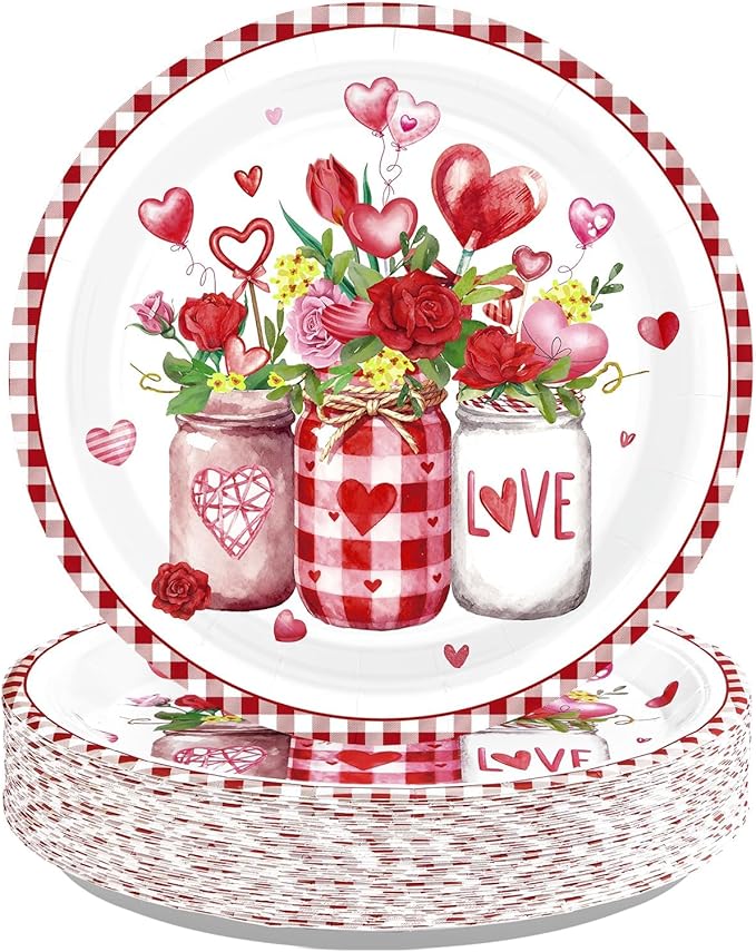 50 Pcs Valentine's Day Paper Plates 10" Hot Heart Vase Dessert Plates Disposable Red Heart Party Supplies for Valentines Day Wedding Anniversary Engagement Party Decorations