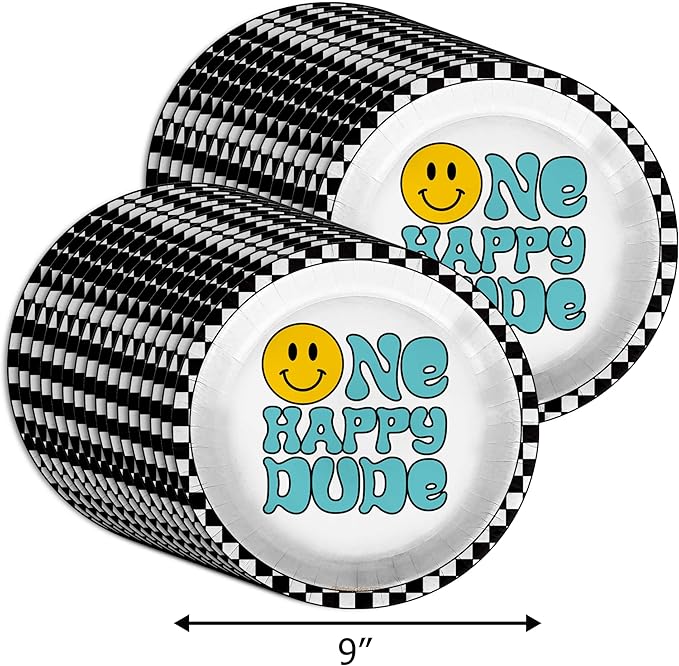 One Happy Dude Smiley Face First Birthday - 32 Piece Disposable Party Supplies - Decorations for Boy's 1st Birthday Round Party Plates - Large 9" Paper Plates In Bulk