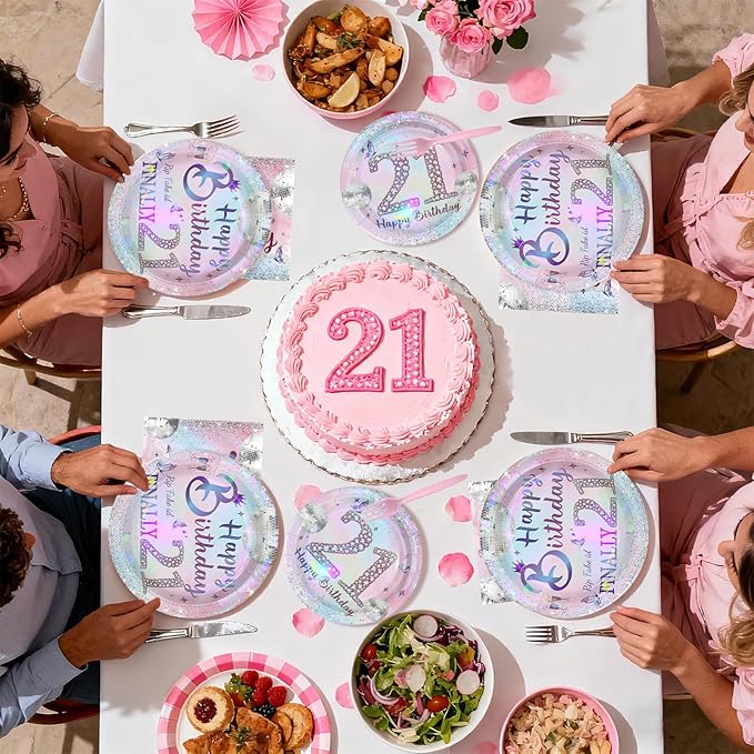 96Pcs 21st Birthday Party Decorations for Girls Plates and Napkins Iridescence Silver Pink 21st Tableware for Girls The Twenty-First Birthday Party Decorations Serve 24