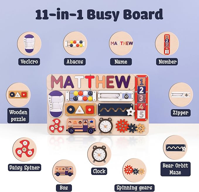 Wooden Busy Board Montessori Toys for 1 2 3 Year Old, Personalized Toy, Sensory Board Educational Activities, Early Learning Fidget Toy Great for Gift (Pastel Girl)