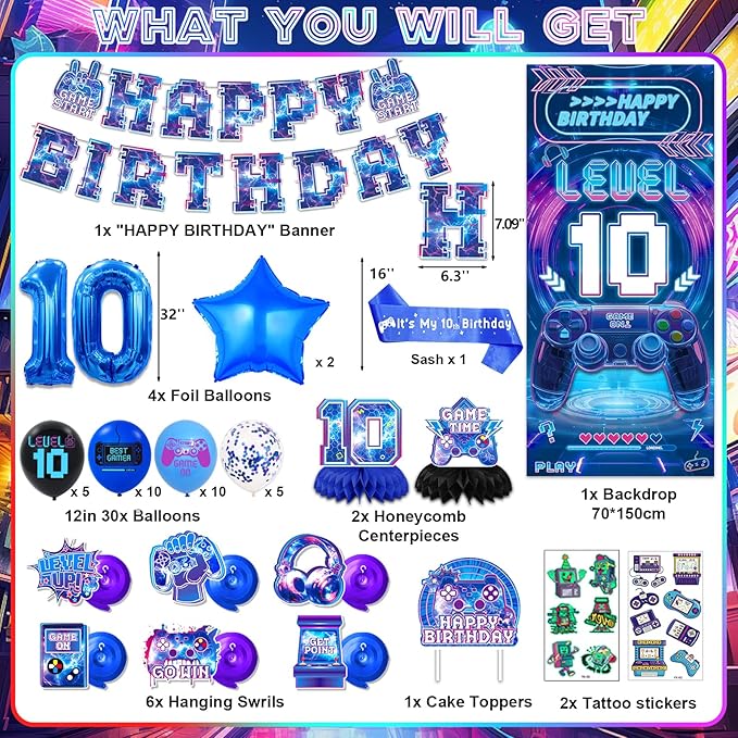 10th Birthday Decorations for Boys, Video Game Level 10 Birthday Decorations Include Banner Backdrop Sash Honeycomb Centerpieces Hanging Swirls Stickers Cake Topper for Gamer Party Supplies