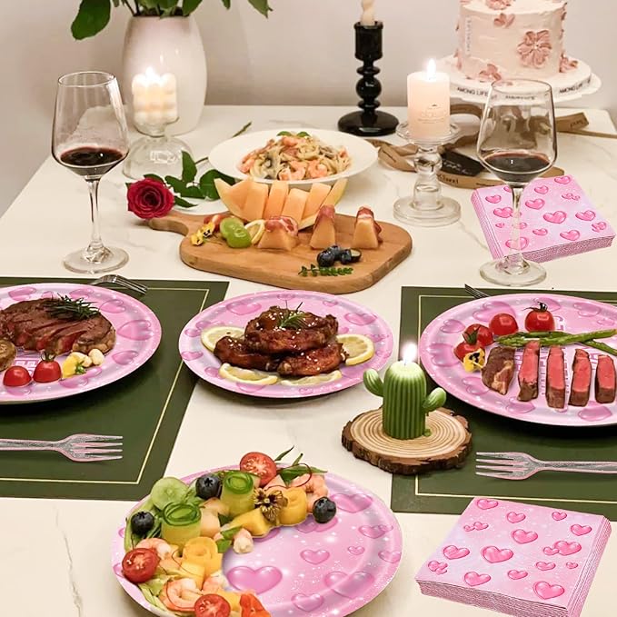 96 Pieces Valentine’s Day Tableware Set – Pink Heart Disposable Plates and Napkins for Romantic Dinners, Weddings, Anniversaries, and Valentine Parties – Serves 24 Guests