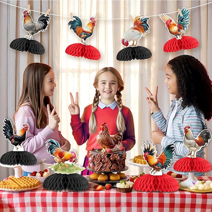JOYMEMO 8 Pieces Rooster Honeycomb Centerpieces for Tables - Chicken Farm Theme Birthday Decorations, Chick Backyard Table Toppers for Rooster Party Supplies