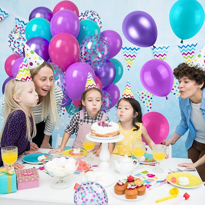 Hot Pink Blue Purple Balloons, 50PCS 12Inches Hot Pink Purple Teal Latex Balloon with Confetti Metallic Balloons for Girls Women Theme Birthday Baby Shower Wedding Party Decoration