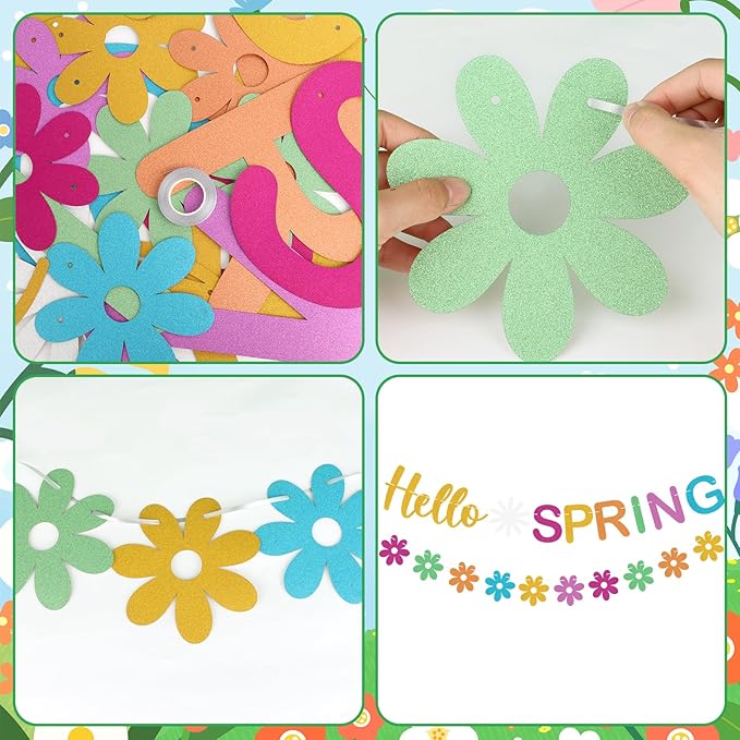 Hello Spring Banner Colorful Glitter Spring Wildflower Banner Garland, Springtime Theme Party Decorations for Home, Springtime Easter Theme Party Decorations, Indoor Outdoor Mantel Fireplace Hanging Decor