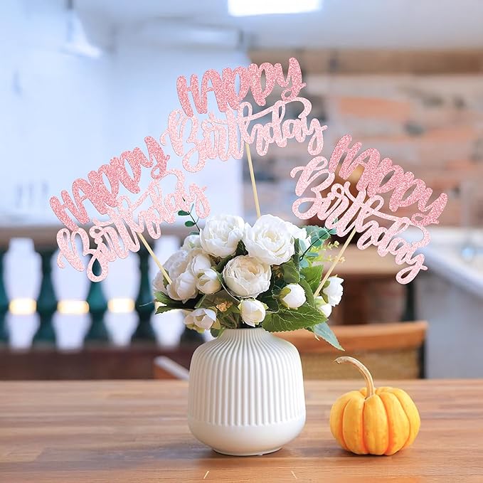 Gyufise 12Pcs Happy Birthday Centerpieces Sticks Double Sided Glitter Birthday Party Decorations Anniversary Table Flower Centerpiece for Celebrating Party Supplies Pink Light Pink