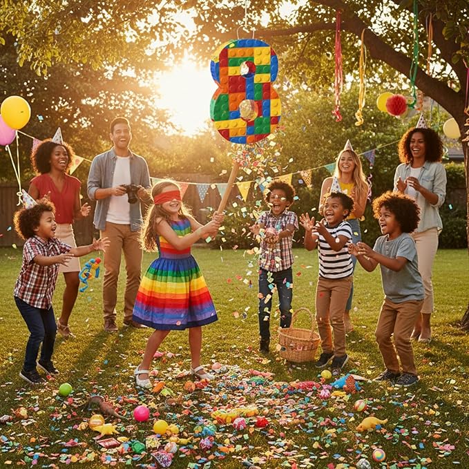 Number 8 Building Blocks Piñata 16.5 Inch Party Supplies 8th Birthday Party Decorations Piñata with Confetti Blocks Theme Fiesta Anniversary Celebration