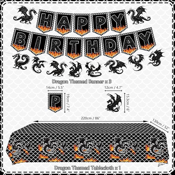 Dragon Birthday Party Decoration ,Including Happy Birthday Party Banner, Dinner Plates, Dessert Plates, Cups, Napkins, Tablecloth, Balloons, Straws, for Dragon Theme Party Supplies 20 Guest (A)