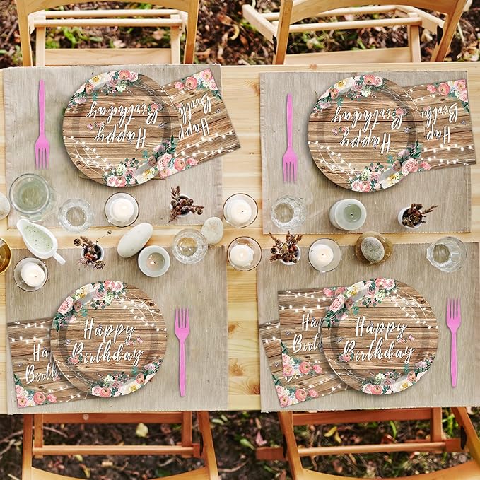 96PCS Spring Floral Birthday Party Plates Wood Grain Pink Flower Rustic Tableware Set for Girls Kids Bridal Shower Party Supplies Wooden Birthday Paper Plates Napkins Decorations for 24 Guests