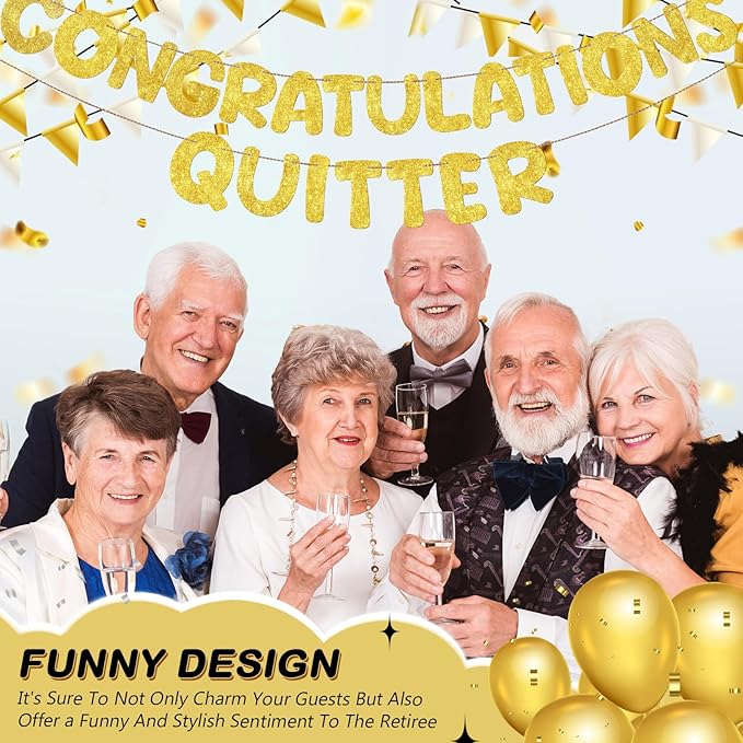 Fulmoon Pre Strung Congratulations Quitter Glitter Banner Funny Retirement Banner Graduation Party Decorations Going Away Supplies Garland for Men Women Gifts, No DIY(Gold)