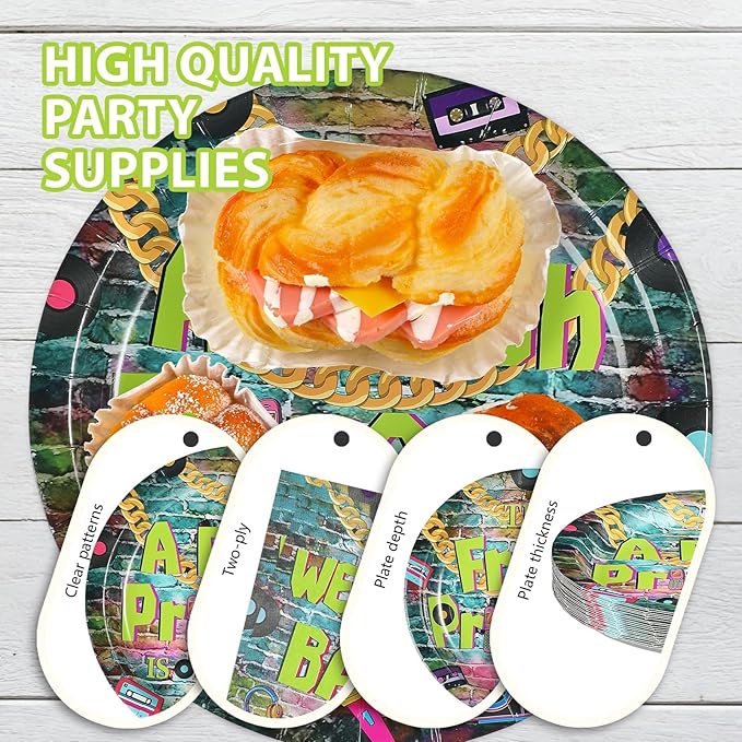 96Pcs Fresh Princess Baby Shower Party Decorations 90s Hip Hop Graffiti Plates and Napkins Disposable Vintage Themed Tableware Set for 90s Girl Baby Fresh Princess Baby Shower Party Supplies Serves 24