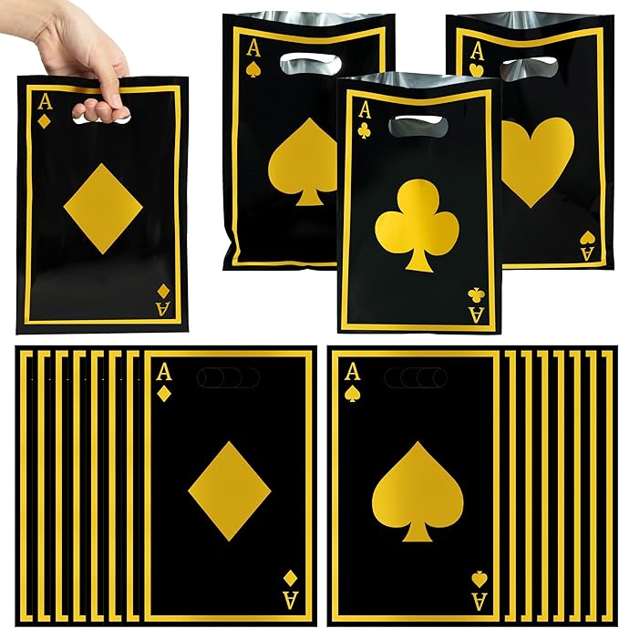 Casino Party Favor Bags - 60Pcs Black and Gold Casino Goody Candy Treat Gifts Bags, Las Vegas Poker Themed Party Decorations for Adults Kids Birthday Indoor Game Events Supplies