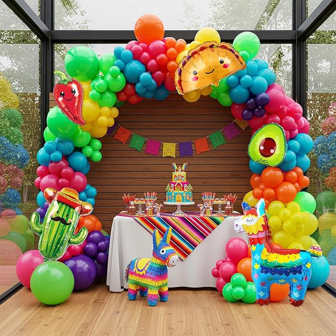 Fiesta themed balloon garland kit 150pcs Mexican Fiesta Party Decorations Arch With Cactus Llama Taco Avocado Chili Pepper Mylar Balloons for carnival Birthday Cinco De Mayo Taco Party Supplies