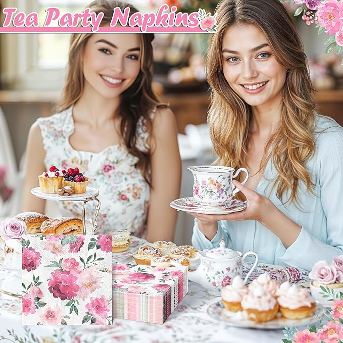100 Pcs Pink Floral Napkins, Disposable Watercolor Flower Napkin Spring Cocktail Napkins Decorative Blossom Dinner Napkin for Tea Party, Garden Party,Baby Shower,Bridal Shower