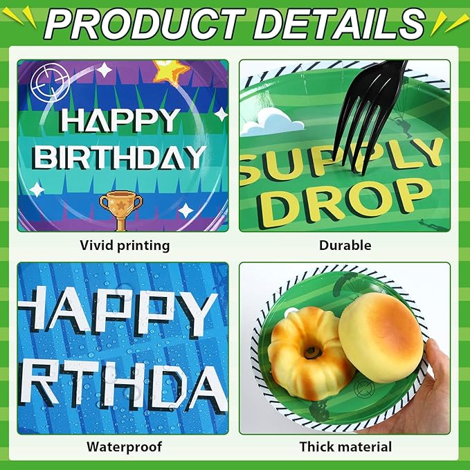 48Pcs Fort Game Plates Video Game Themed Party Supplies Gaming Tableware Dinnerware Game Party Table Decoration Gamer Dessert Plates Gaming Disposable Paper Plate Set for Teenager Kids Boy Adults Fans