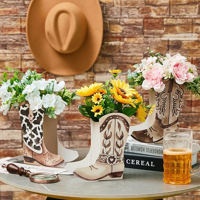 12 Set Western Boots Flower Boxes Centerpiece Boot Shape Gift Boxes Party Decoration Vase Centerpieces for Tables Boots Rodeo Birthday Baby Shower Supplies (Western,Cowboy Cow)