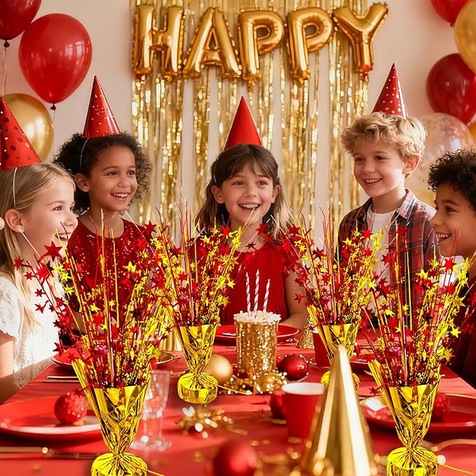 6 Pack Metallic Foil Spray Table Centerpiece Decoration Star Brust Glitter Table Topper Decor for Birthday Circus Casino Graduation Christmas New Year's Eve Party Supplies Red Gold