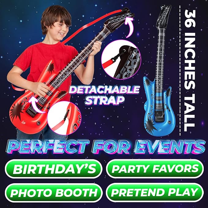 Inflatable Guitars With Strap - (pack Of 12) 36-inch Colorful Blow Up Guitar, Party Favors, DJ-props, Photo-booth, Birthdays, Rock Star, Rock And Roll Party Decorations, 80s 90s Party Supplies