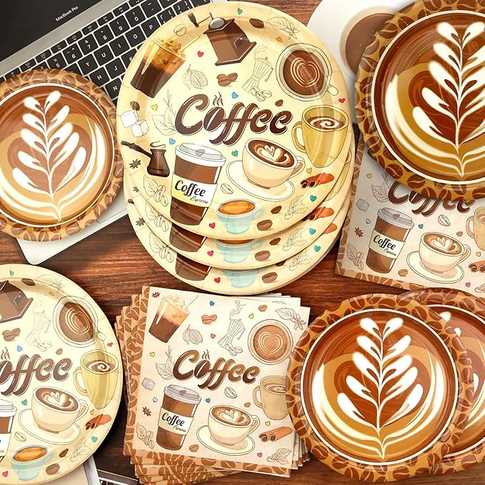 Coffee Party Supplies - Coffee Party Tableware - Dinner Plates, Dessert Plates, Napkins, Forks for Coffee Birthday Party Decorations, Baby Shower Supplies, Serves 25
