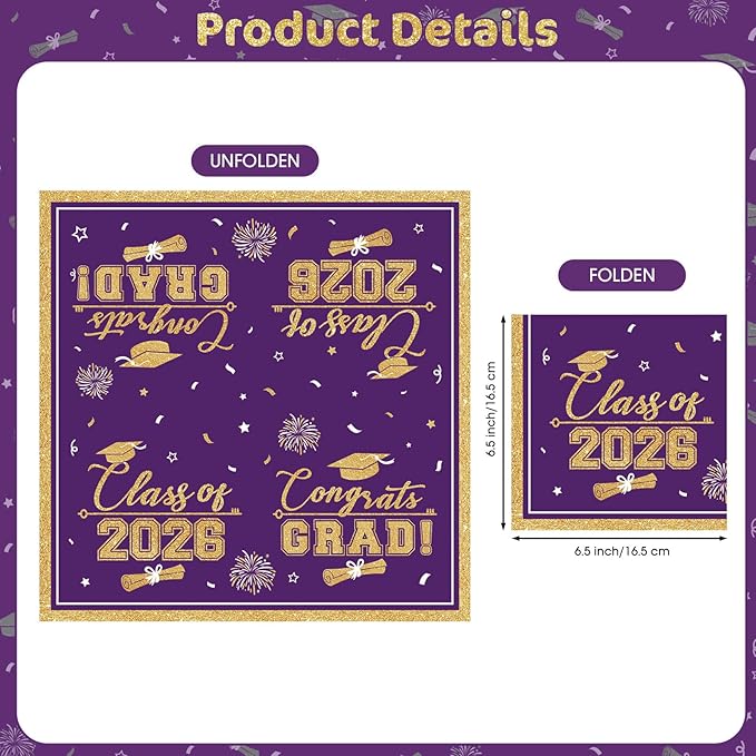 50 Pcs Graduation Napkins Class of 2026 - Purple Gold Congrats Grad Napkins Set, 3-Ply Disposable Graduation Luncheon Dinner Party Paper Napkins for Grad Party Supplies Table Decoration