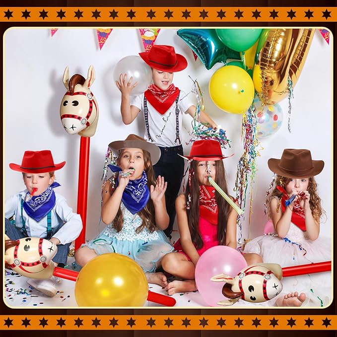 Xtinmee 36 Pcs Cowboy Party Costume Set, Cowboy Hats Paisley Bandanas Inflatable Stick Horses Kids Party Supplies