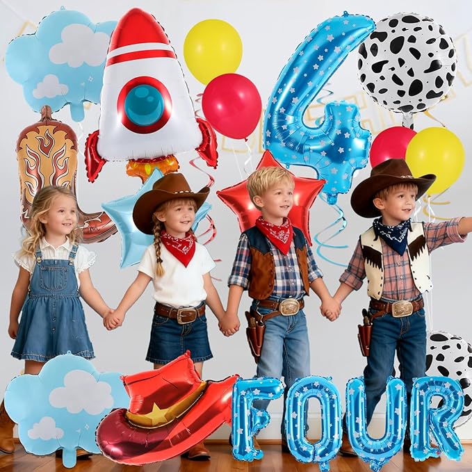 18Pcs Toy Themed Party Decorations Cartoon 4th Birthday Decorations Blue Sky White Clouds Cowboy Hat Boots Rocket Balloons Reach Four The Sky Toy Inspired Birthday Party Supplies