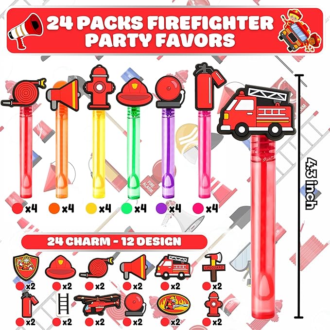 Firefighter Party Favors for Kids – 24PCS Rescue-Themed Bubble Wands, Great for Birthday Supplies, Pinata Fillers, Goodie Bags & Classroom Rewards