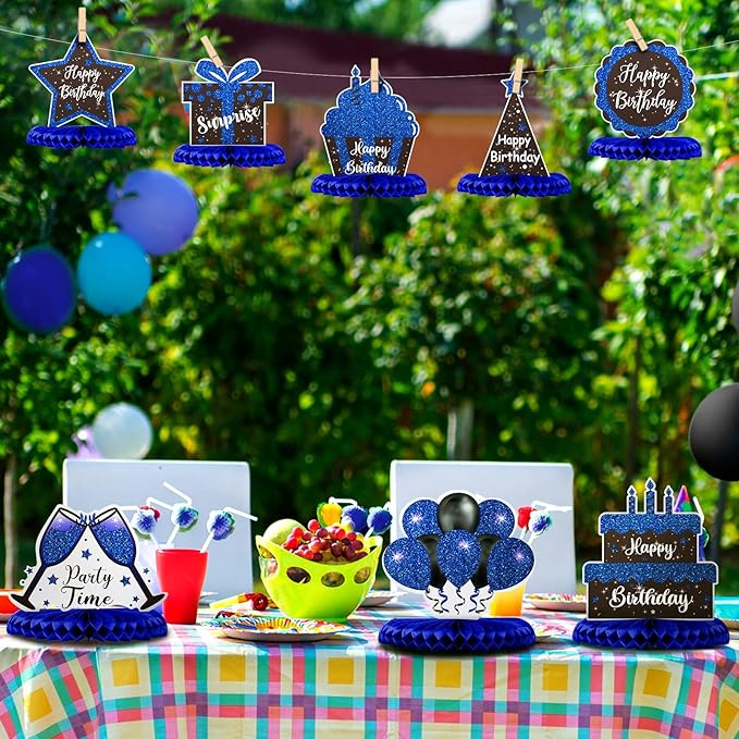 Yexiya 8 Pcs Blue and Black Birthday Centerpiece Table Decoration, Happy Birthday Honeycomb Centerpieces Honeycomb Table Toppers for Men Women Party Supplies
