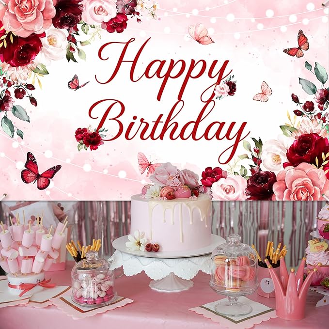 Avezano Floral Happy Birthday Banner for Women Girls Rose Gold Red Floral Birthday Party Decorations for Women Burgundy Flower B-day Party Supplies Banner (6x3.6ft)