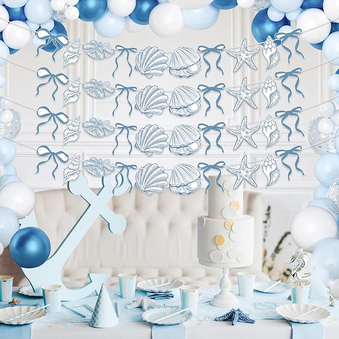4 PACK Summer Banner Seashells Decor Party Decorations Party Supplies Birthday Decorations Blue Bow Starfish and Christmas Ornaments Under The Sea Paper Hanging Banner for Women Men Baby Showre
