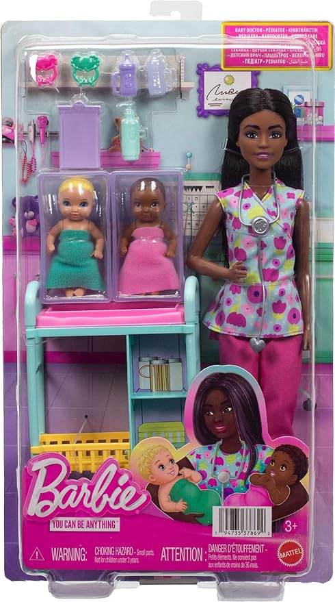 Barbie Careers Baby Doctor Playset with Brunette Doll Wearing Scrubs, 2 Baby Dolls, Examination Table & Accessories