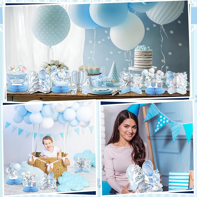 12 Pcs Blue Elephant Honeycomb Baby Shower Decorations Table Centerpieces Balloons Star Moon Elephant Table Topper Decoration for Gender Reveal Birthday Party Favors Supplies