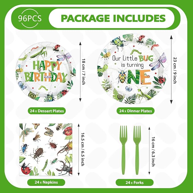 96 Pcs Bug One Birthday Party Decorations Ladybug 1st Birthday Themed Paper Plates and Napkins Spring Natural Bug Tableware Set for First Kids Boys Girls Baby Shower Party Supplies Serves 24
